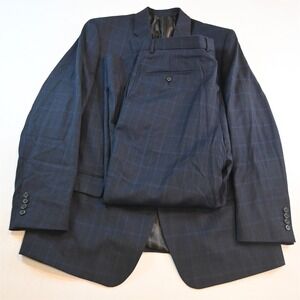 Cosani 48L 40x30 Blue Windowpane Wool Slim Mens Jacket Pants Suit‎
